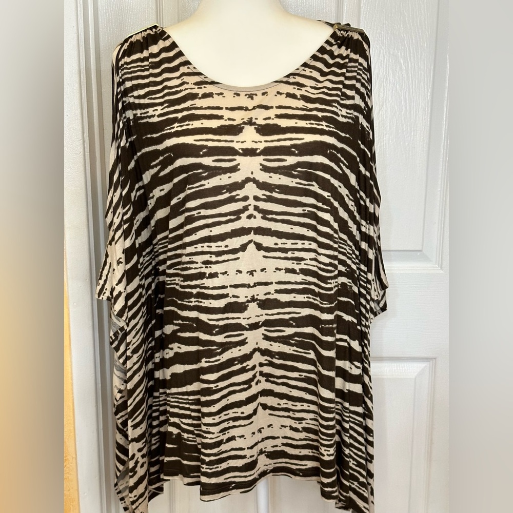 Michael Kors tan brown cold shoulder zebra square balloon sleeve top Sz large